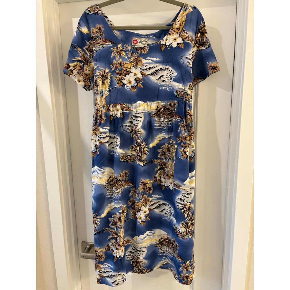 Vintage Hilo Hattie The Hawaiian Original Palms and Waves Dress EUC Size L